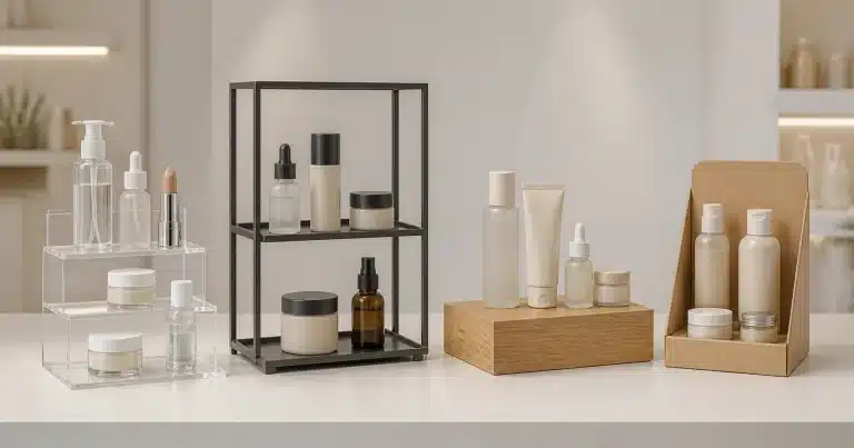 Four unbranded cosmetic display stand materials arranged on a neutral retail counter: clear acrylic, matte metal, wood, and cardboard.