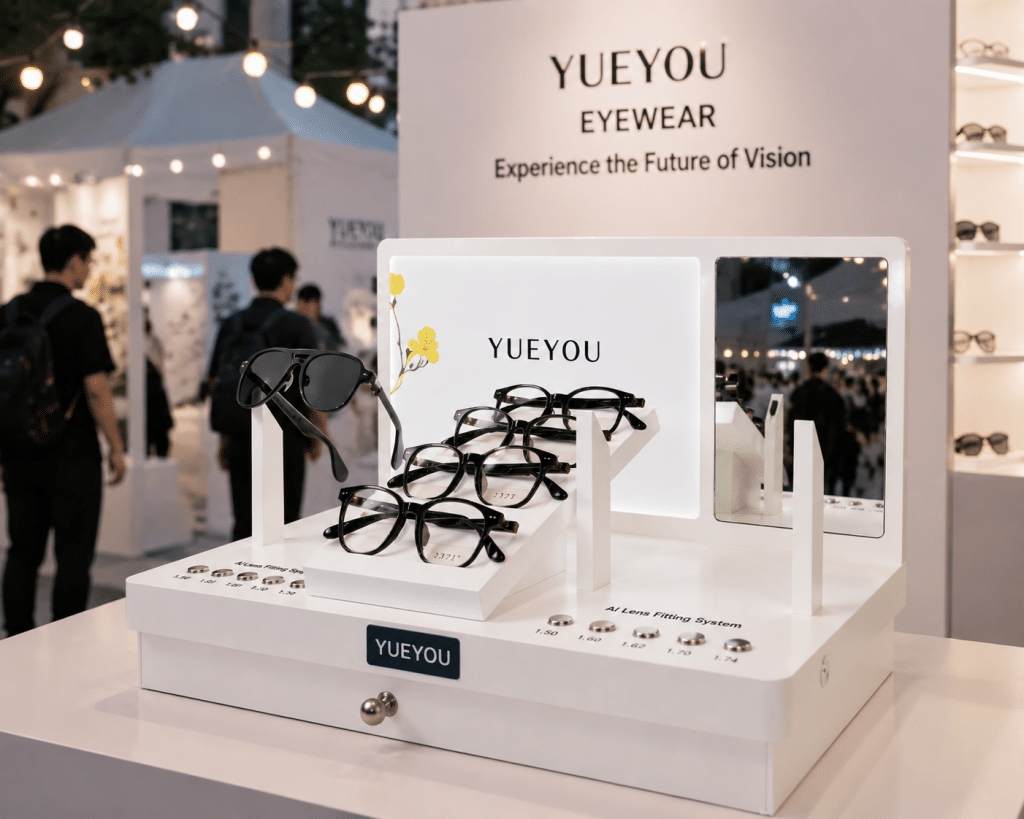 Transparent acrylic eyewear display stands showcasing optical frames