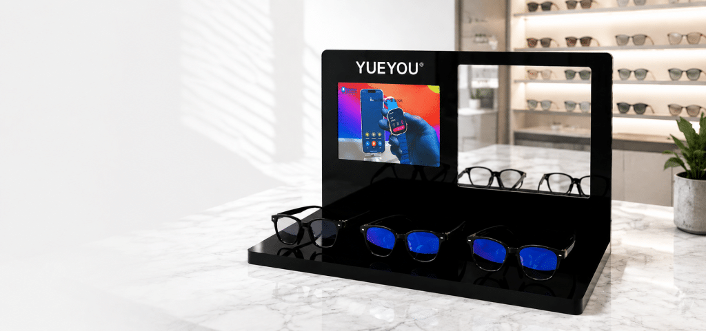 Transparent acrylic eyewear displays showcasing optical frames in a retail store