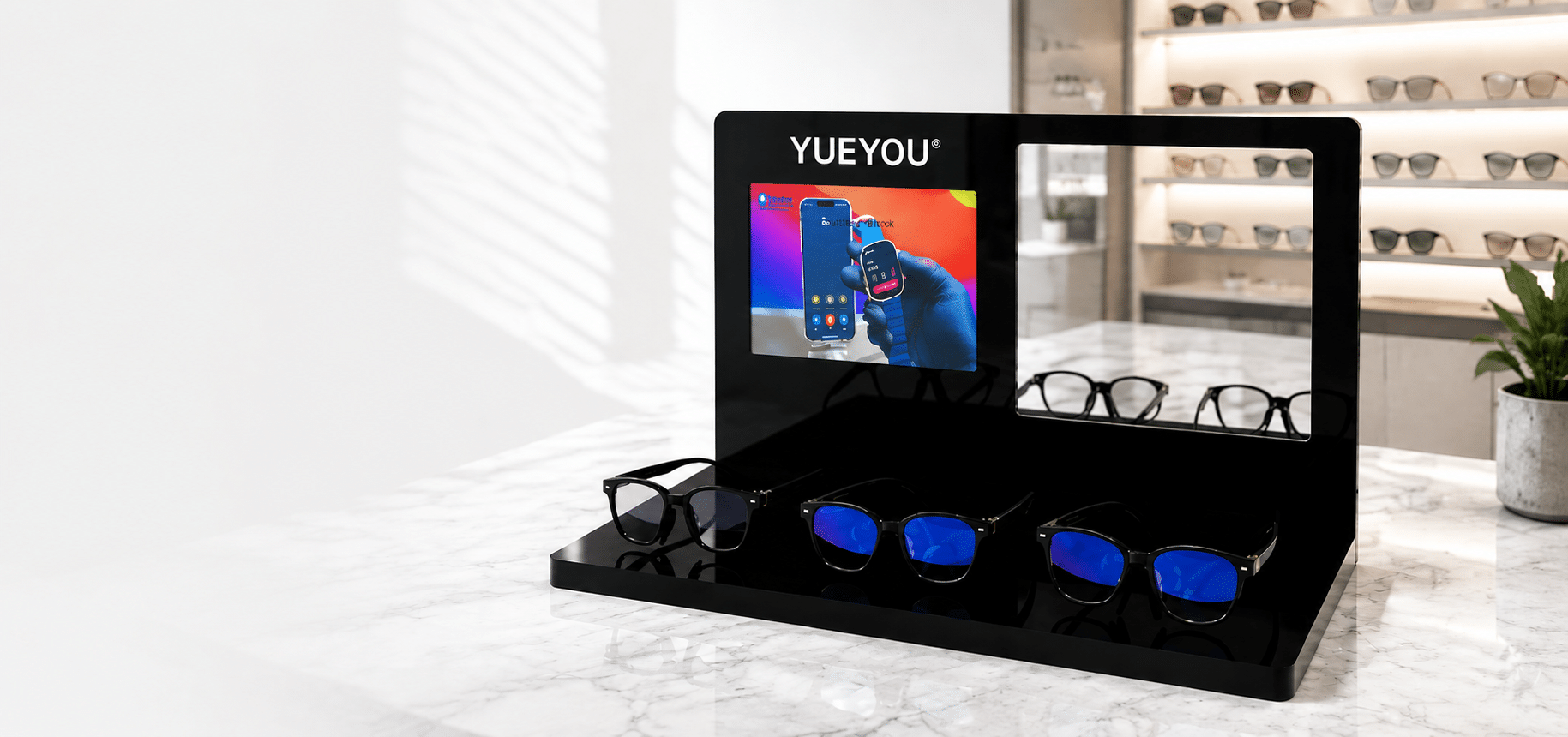 Transparent acrylic eyewear display stand showcasing optical frames