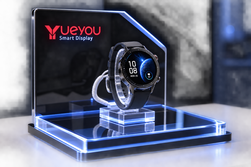 High End Smartwatches Are Placed On A Transparent Acrylic Platform