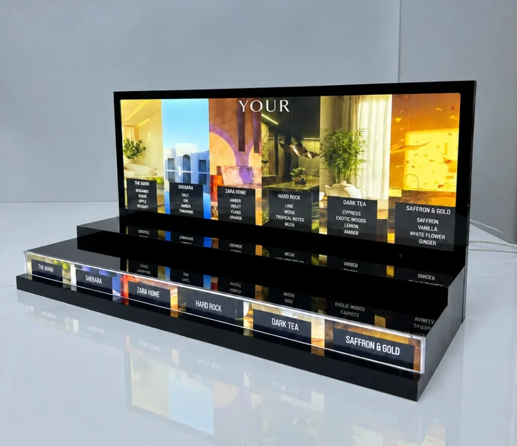 Custom Acrylic Perfume Display Stand with LED Backlit Graphics