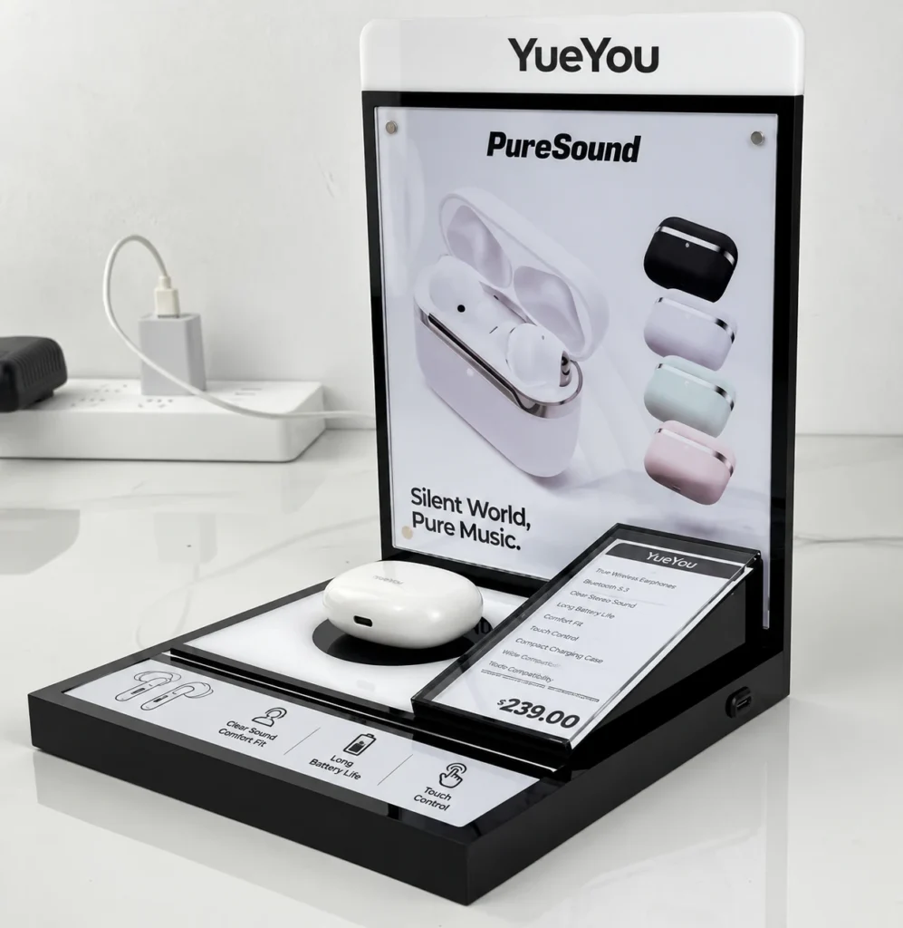 Custom acrylic earphone display stand with branded back panel