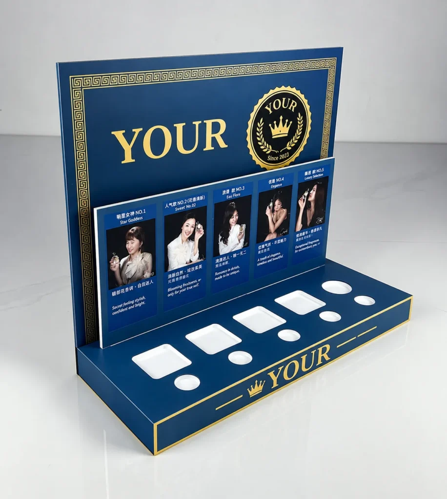 Custom acrylic perfume displays with blue and gold branding and perfume bottle holders