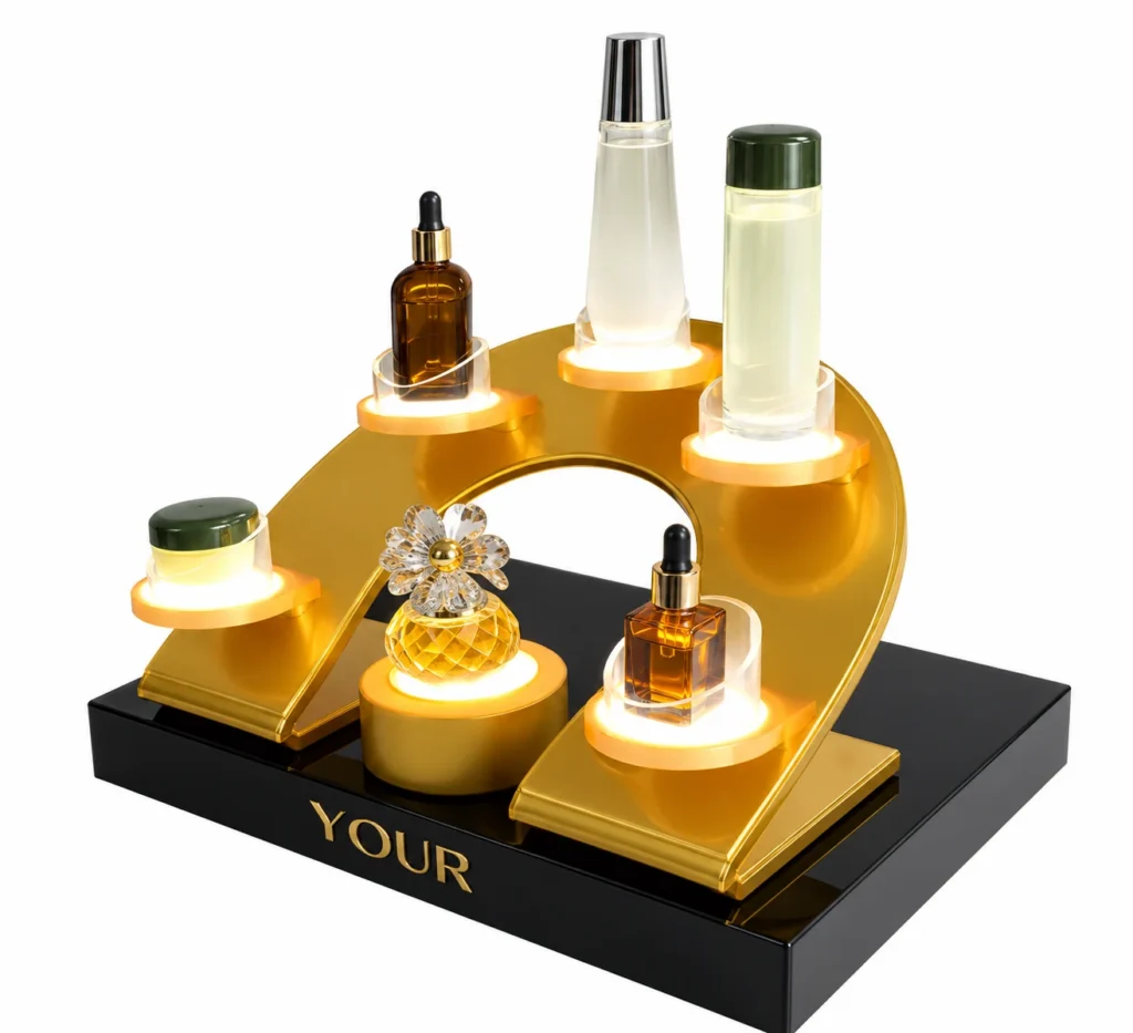 Gold and black acrylic perfume displays with LED lighting and fragrance bottles