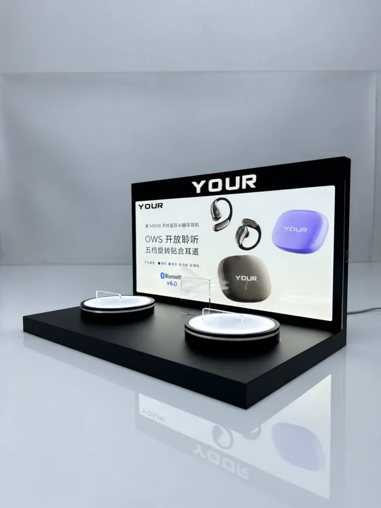 Custom earphone display stand with YOUR brand logo and dual illuminated product holders
