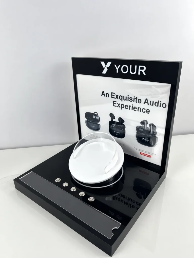 Custom earphone display stand with YOUR logo and black acrylic base