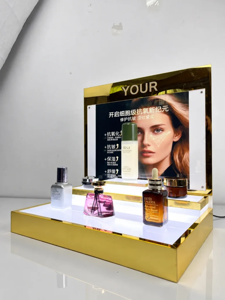 Custom logo cosmetic display stand with gold acrylic finish and LED lighting