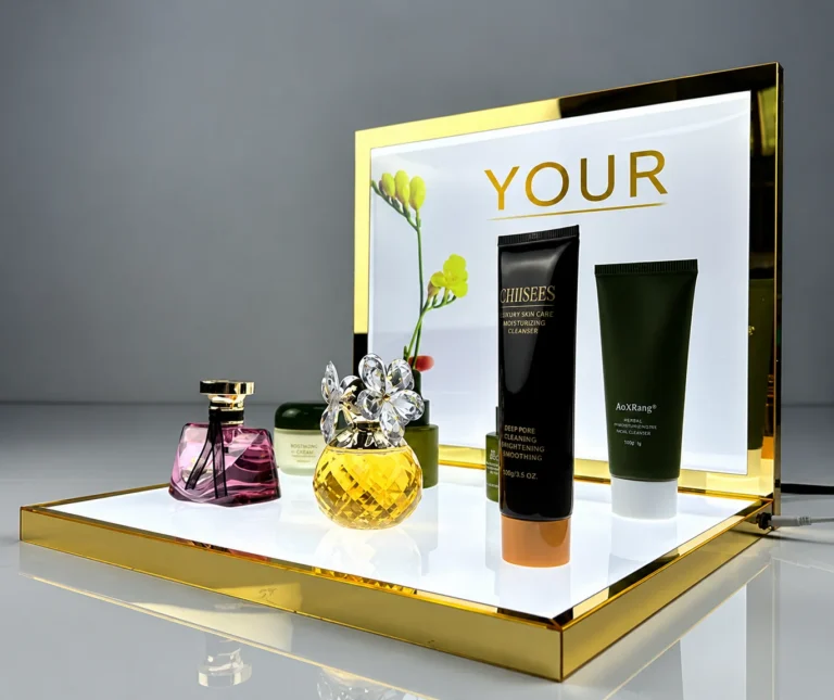 Custom logo cosmetic display stand with gold acrylic frame, LED lighting, and skincare products