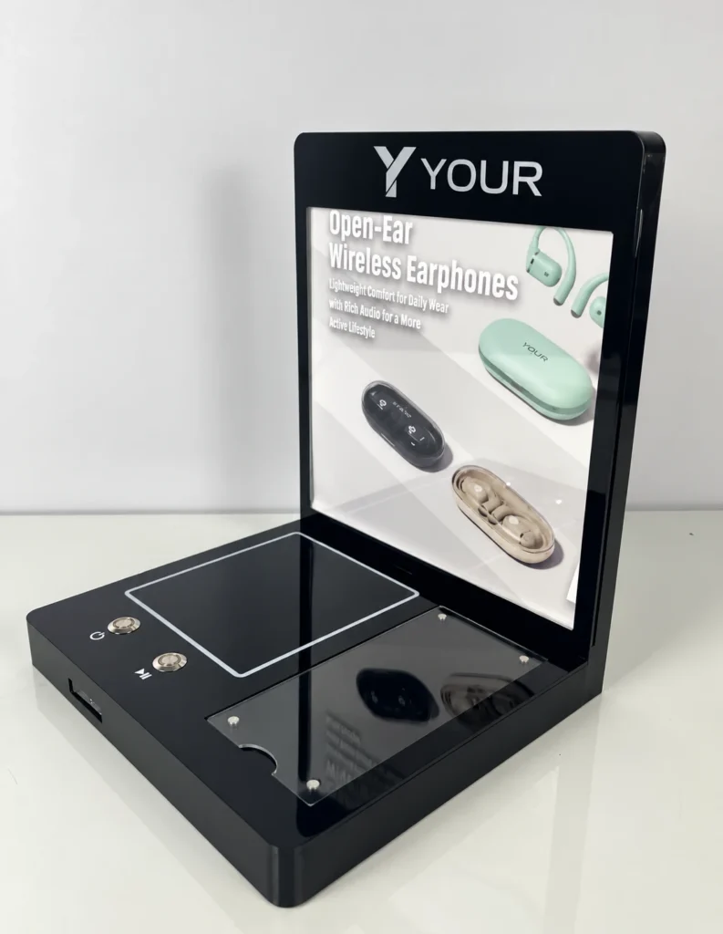 Custom earphone display stand with brand logo and black acrylic base