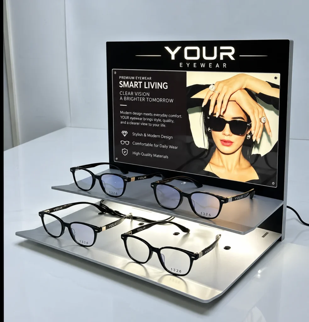 Eyewear display design with illuminated shelves and a custom branded back panel