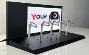 LED Smart Watch Display Stand with backlit advertising panel and five watch holders