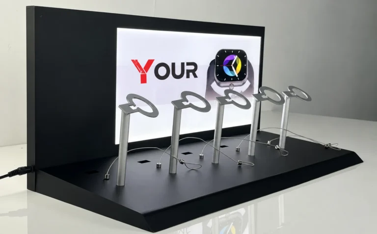 LED Smart Watch Display Stand with backlit advertising panel and five watch holders