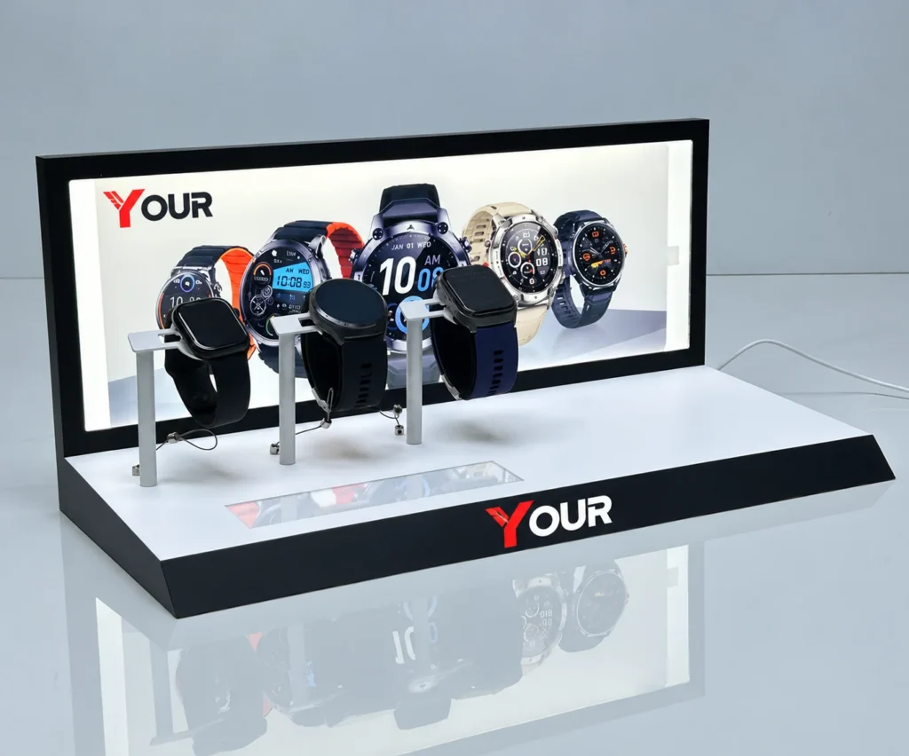 LED Smart Watch Display Stand with illuminated backlit panel and three watch holders