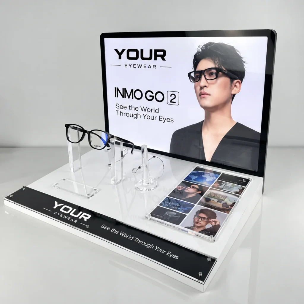 Eyewear display design with clear acrylic glasses holders and custom YOUR branding