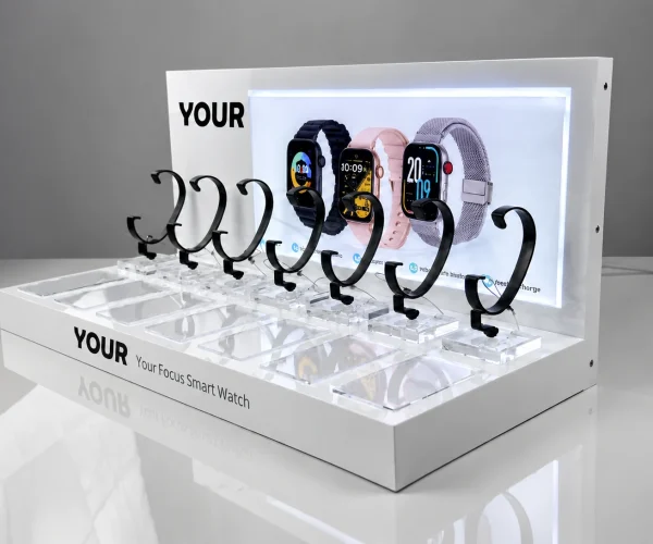 Custom acrylic watch display stand with white base, black watch holders and YOUR logo
